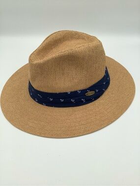 Umi Tan Straw Fedora with Navy Anchor Band Detail